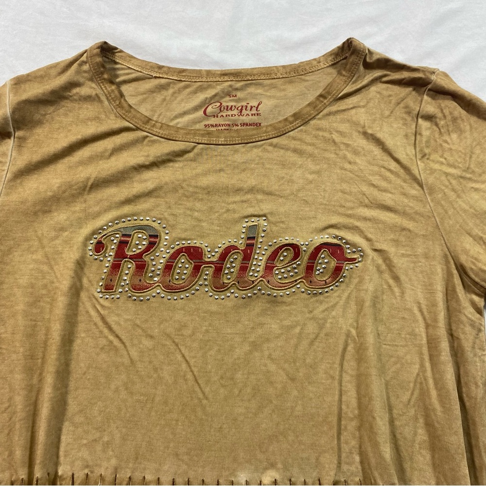 Cowgirl Hardware Tan Fringe Tee wording Rodeo in Red lettering western Cropped - Picture 8 of 8